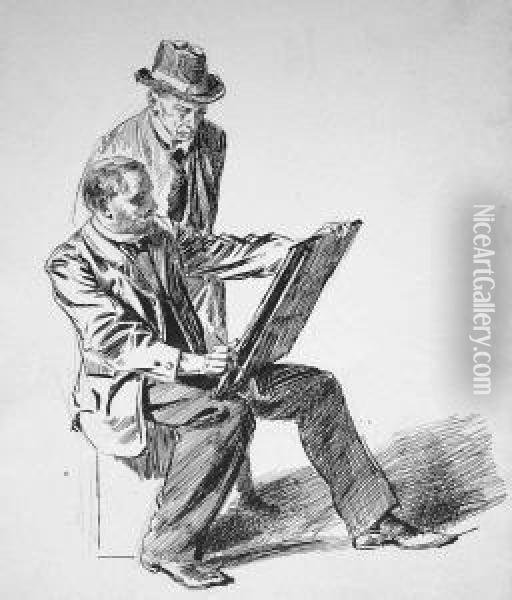 Zwei Manner In Betrachtung Einer Zeichnung Oil Painting - Carl Seiler