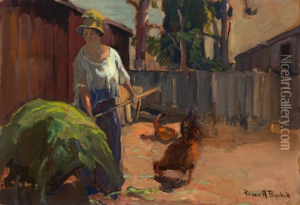 The Artist's Wife With A Hay Cart And Chickens Oil Painting - Franz Arthur Bischoff