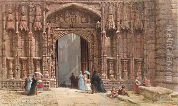 Figures outside the west door of Chester Cathedral Oil Painting - Louise Rayner