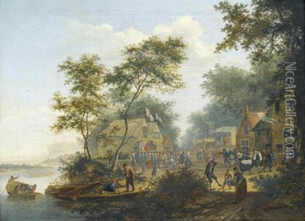 Uferpartie Mit Jahrmarkt-gesellschaft Oil Painting - Cornelis Dusart