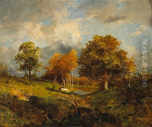 A Wooded Landscape With Cattle And A Figure By A Pond Oil Painting - Marie Ferdinand Jacomin