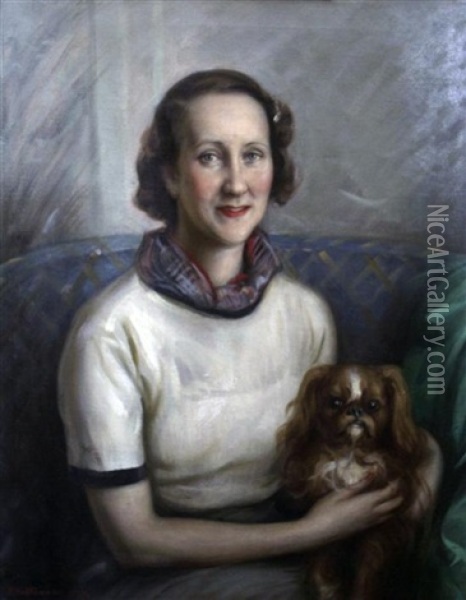 Portrait Of A Lady With A King Charles Spaniel Oil Painting - Nikolai Vasilievich Kharitonov