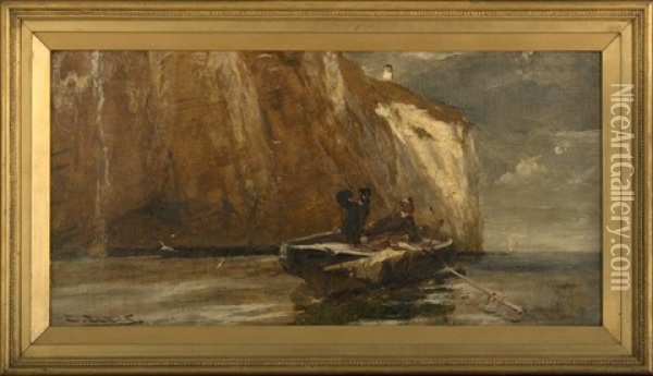 Fisher Folk In A Beached Boat Near A Cliff Oil Painting - Edwin John Ellis