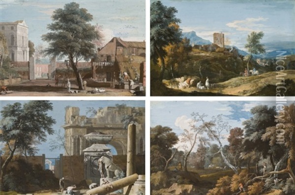 Peasants Working Near A Farm, With A Venetian Villa In The Background (+ 3 Others; 4 Works) Oil Painting - Marco Ricci