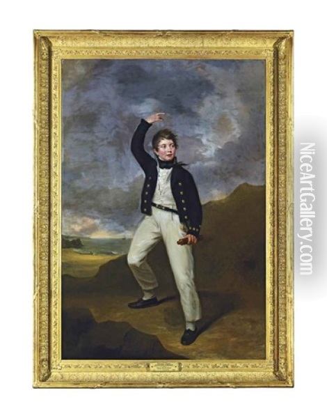 Portrait Of George James Perceval, Later 6th Earl Of Egmont (1794-1874), Full-length, In Naval Uniform, Standing On The Shore... Oil Painting - George Francis Joseph
