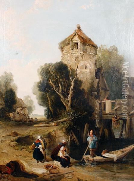 Figures On The River Bank Oil Painting - Henry John Boddington