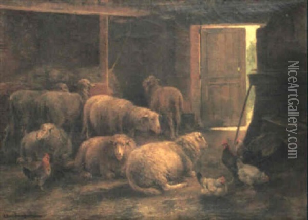 Sheep And Poultry In A Barn Oil Painting - Cornelis van Leemputten