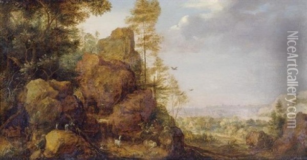 A Mountainous Landscape With A Rocky Outcrop By The Edge Of A Wood, Goats And A Reindeer Resting By A Waterfall, A Village In An Extensive Landscape Beyond Oil Painting - Gillis Claesz De Hondecoeter