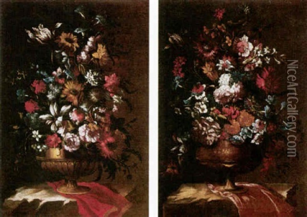 Still Life Of Flowers In A Gilt Urn On A Stone Ledge Oil Painting - Mario Nuzzi