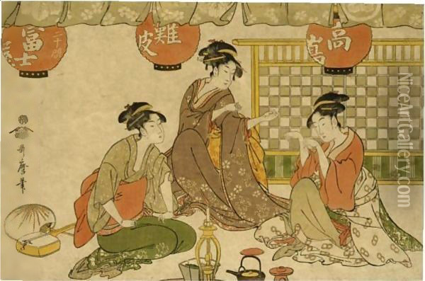 'Kitsuneken Sanbijin' (Three Beauties Playing The Party-Game 'Catch The Fox') Oil Painting - Kitagawa Utamaro