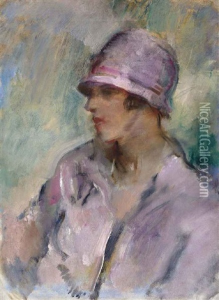 Portrait Of A Lady, Bust Length, In A Pink Hat And Coat Oil Painting - Arthur Ambrose McEvoy