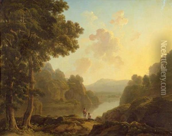 River Landscape With Two Figures Oil Painting - James Arthur O'Connor