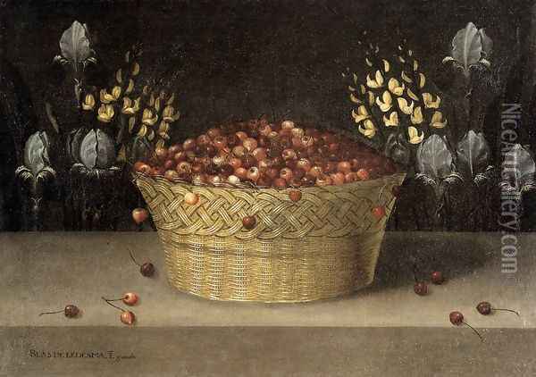 Basket of Cherries and Flowers c. 1620 Oil Painting - Blas de Ledesma