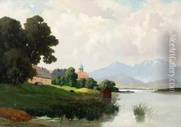 Voralpenlandschaft Mit Kloster Am Ufer Oil Painting - Josef Muhlbeck