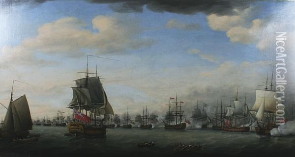 The Action Between The Fleets Of Rear-admiral Sir Samuel Hood And The French Comte De Grasse In Frigate Bay Oil Painting - Francis Holman