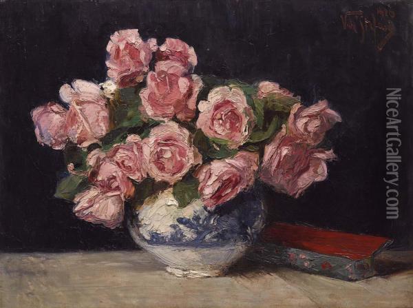 Vaso Di Rose Oil Painting - Vincenzo De Stefani
