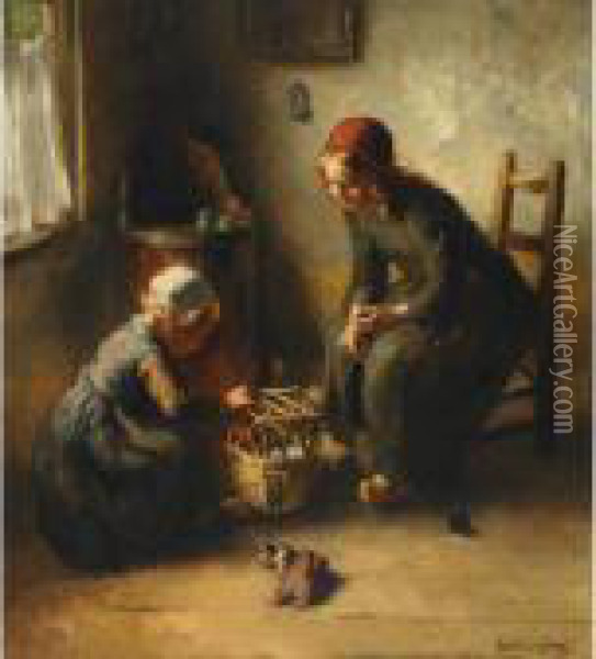 Sisters Playing With The New Pet Oil Painting - Bernard Johann De Hoog