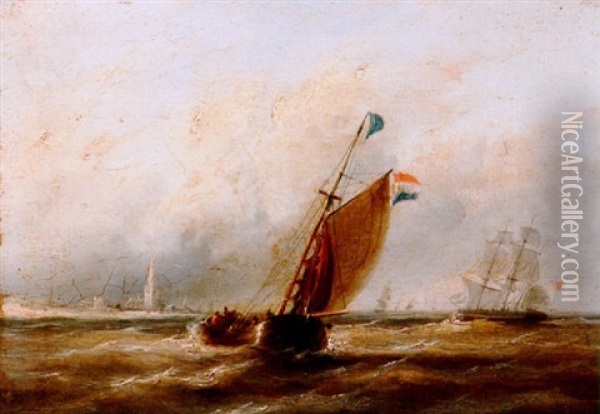 Sailing Vessels Off A Coastline Oil Painting - Christian Cornelis Kannemans