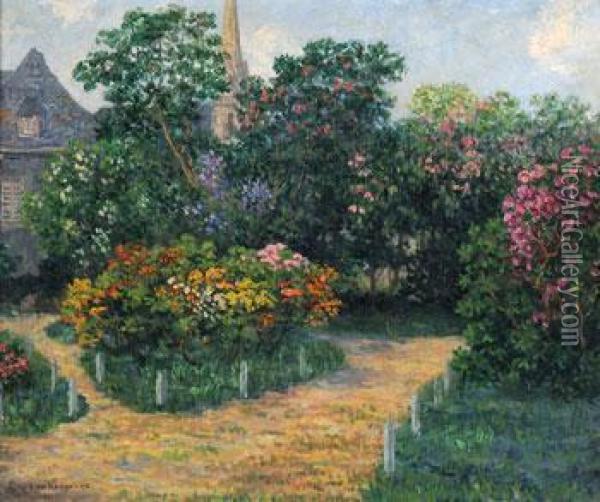 Jardin Fleuri Pres De L'eglise A Chateaulin Oil Painting - Ernest Ponthier De Chamaillard