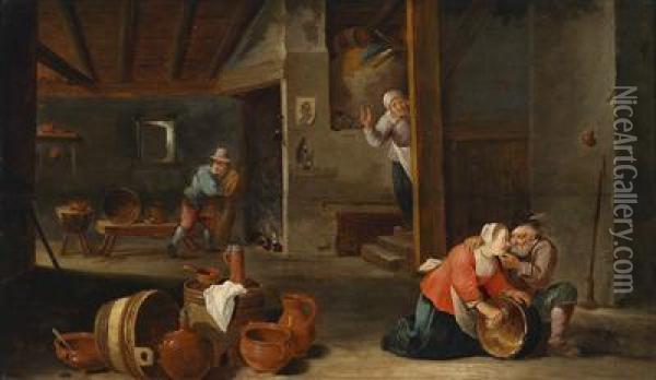 The Interior Of A Farmhouse With An Amorous Old Man Oil Painting - David The Younger Teniers