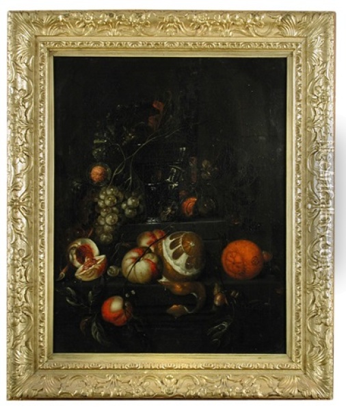 Still Life Of Fruit On A Ledge With A Glass Roemer Oil Painting - Cornelis De Heem