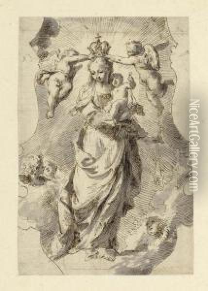 Mary As Queen Of Heaven Crowned 
By Putti. Brown Pen And Brush In Grey. Verso Old Inscription In Brown 
Pen: Novelli. Oil Painting - Pietro Antonio Novelli