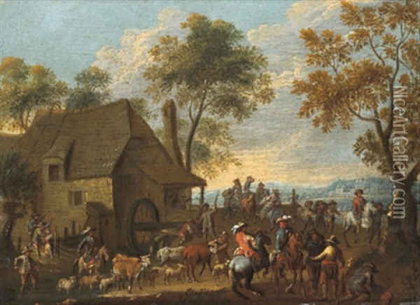 Reiter Und Hirten Mit Herde Vor Einer Wassermuhle Oil Painting - Pieter Bout