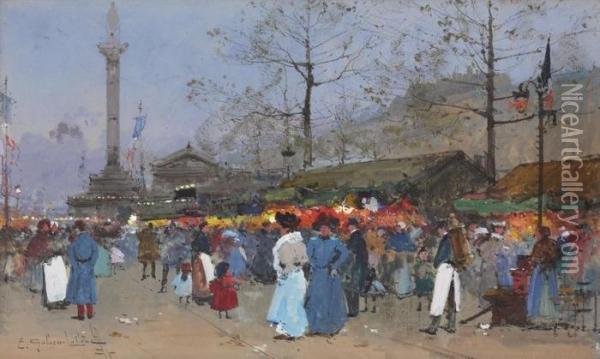 Le Marche, Paris Oil Painting - Eugene Galien-Laloue