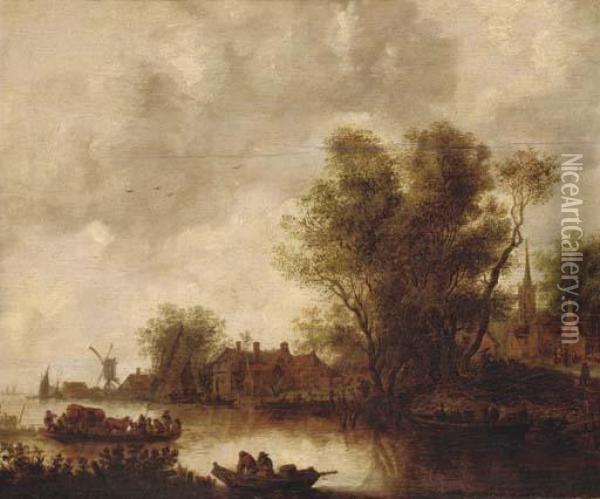 A River Landscape With A Ferry, A Church Beyond Oil Painting - Jan van Goyen