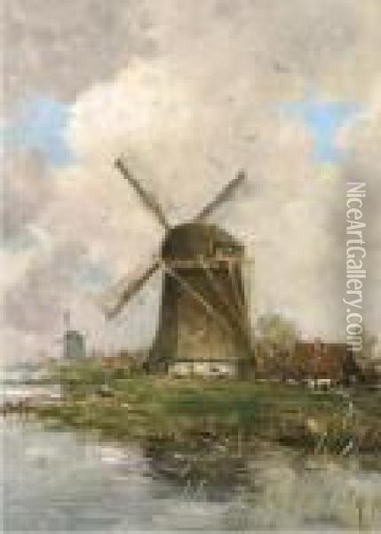 Windmills By A River Oil Painting - Hobbe Smith