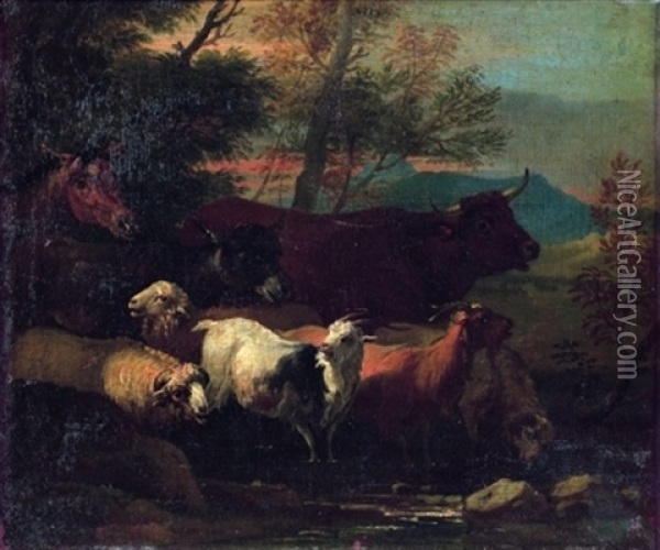 Un Troupeau Traversant La Riviere Oil Painting - Pieter van Bloemen