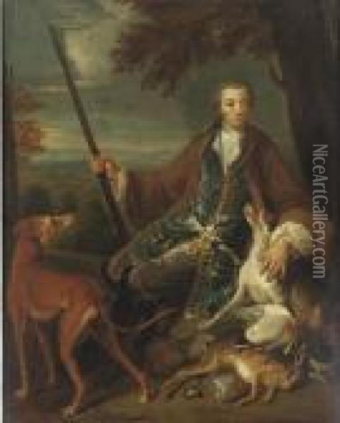 Portrait Of A Young Gentleman, 
Full-length, In A Hunting Dress With His Hounds In A Landscape Oil Painting - Alexandre-Francois Desportes