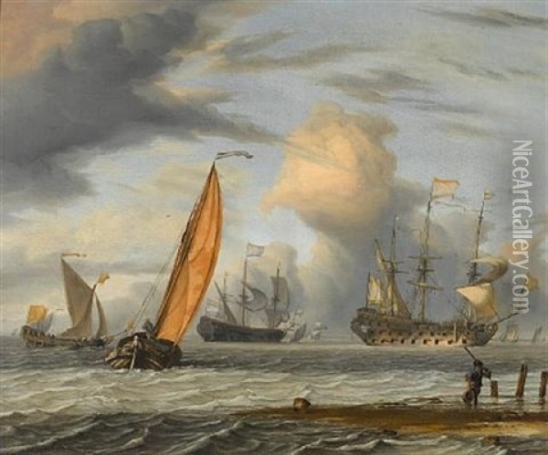 Dutch Vessels In Choppy Seas, A Fisherman On The Shore In The Foreground Oil Painting - Pieter Coopse