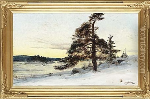 Solnedgang I Vinterlandskap Oil Painting - Arvid Mauritz Lindstroem