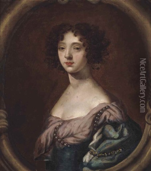 Portrait Of A Lady, Bust-length, In A Blue Dress, In A Sculpted Oval Oil Painting - Mary Beale