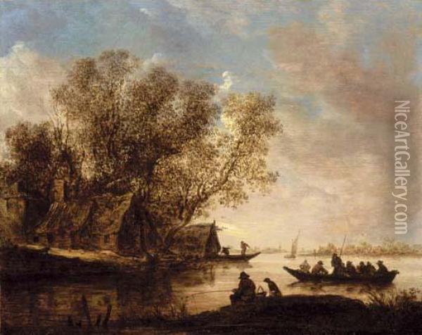A River Landscape With Fishermen And A Cottage On The Bank Oil Painting - Jan van Goyen