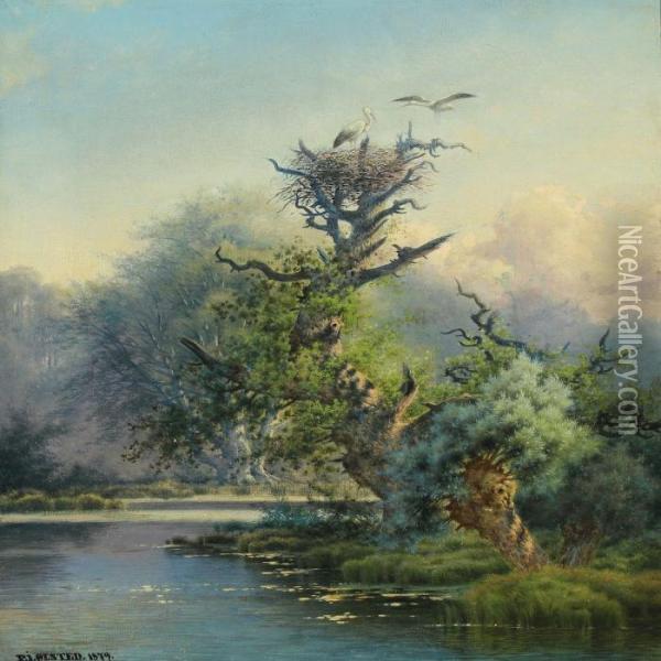 A Stork's Nest In An Oak Tree Oil Painting - Peter Olsted