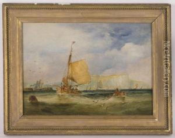 Depicting Fishing Vessels Off The Coast Oil Painting - George Chambers