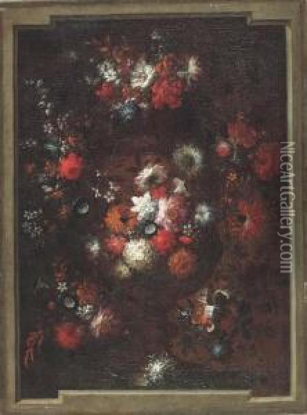 Flowers In Sculpted Urns Set In Trompe L'oeil Casements Oil Painting - Gaspar-pieter The Younger Verbruggen