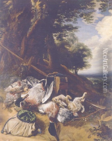 A Dead Hare, Ducks And Falcons, With A Powder Bag, A Bird Cage And A Rifle In A Wooded Landscape Oil Painting - Pieter Boel