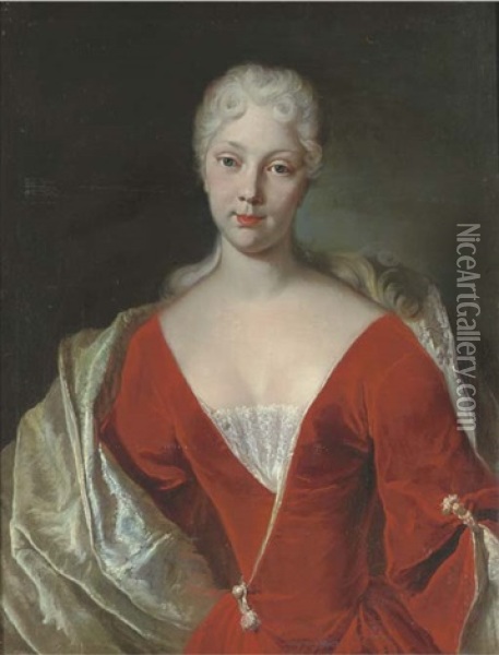 Portrait Of A Lady, Half-length, In A Red Velvet Dress Oil Painting - Giuseppe Bonito