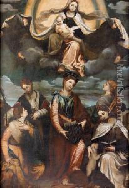 Madonna Mit Hl. Cacilia, Katharina, Lucia, Agnes Undbarbara Oil Painting - Alessandro Bonvicino (Moretto da Brescia)