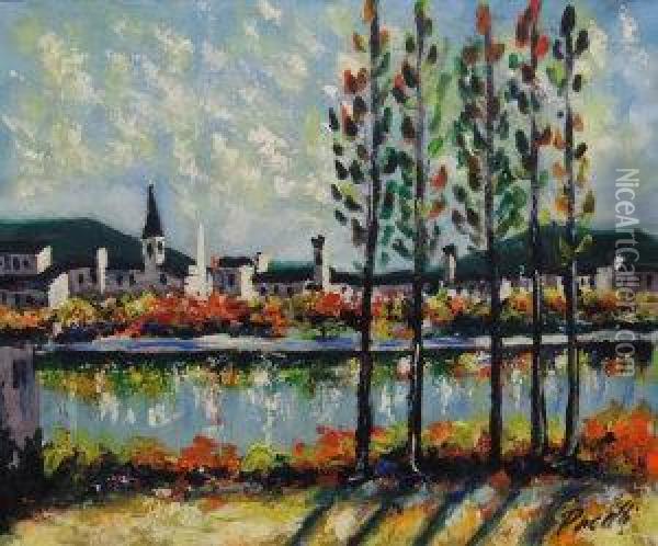 Town And Poplars Along A River Oil Painting - Michelangelo Pacetti