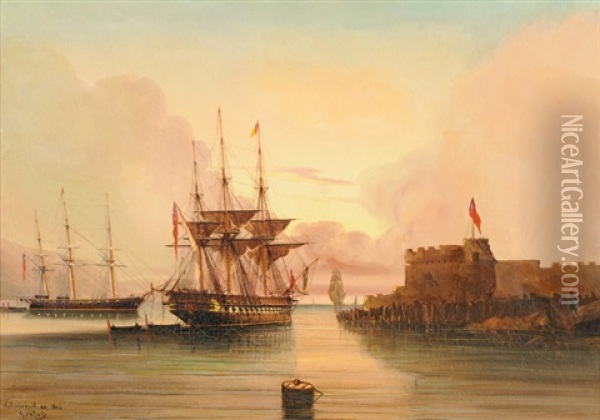 Segelschiffe In Der Bucht Bei Sonnenuntergang Oil Painting - Cheri Francois Marguerite Dubreuil
