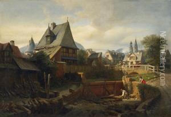 Alter Stadtgraben Von Goslar Oil Painting - Albert Schwendy