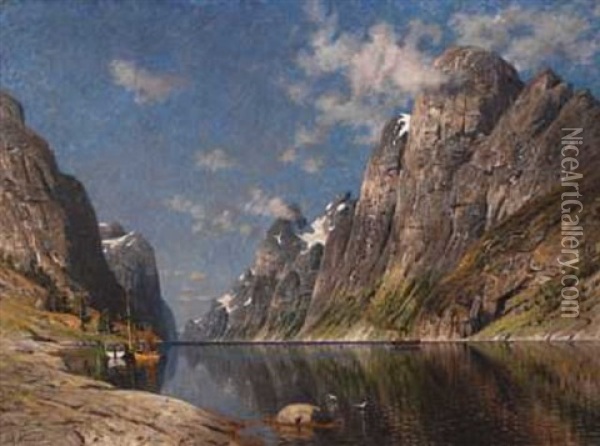 Fjordparti Med Dampbat Oil Painting - Adelsteen Normann