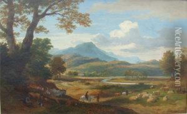 An Extensive Landscape With Figures On Horseback Oil Painting - Ramsay Richard Reinagle