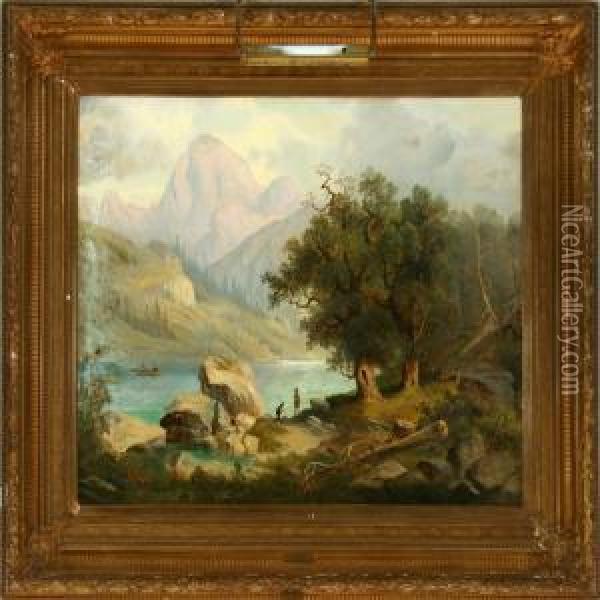 Alpine Scenery With Fishermen At The Mountain Lake Oil Painting - Joseph Holzer