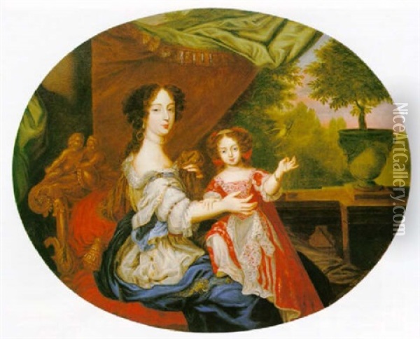 Portrait Of Barbara; Countess Of Castlemaine And Duchess Of Cleveland And Her Daughter Lady Charlotte Fitzroy... Oil Painting - Henri Gascars