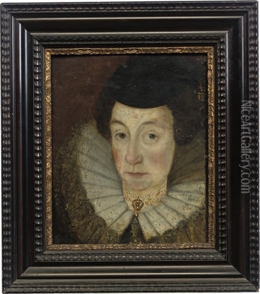 Portrait Of A Lady, Head And Shoulders, In A Ruff And A Blackhat Oil Painting - Hyeronimus Custodis